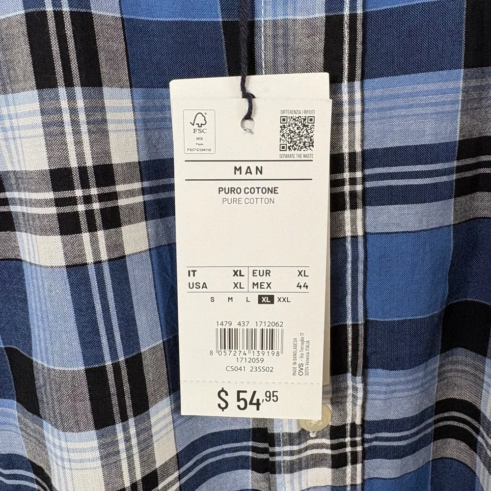 NWT Piombo Italian Luxury Men's Cotton Plaid Long-Sleeve Shirt Sz‎ XL Blue Black